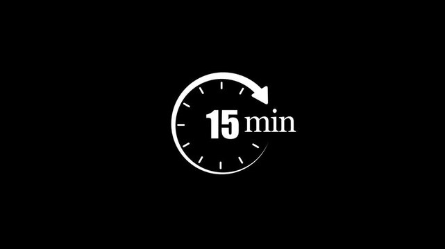 Countdown timer animation: 15-minute clock with sweeping second hand for productivity, deadlines time management