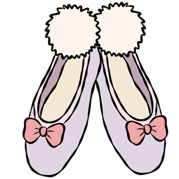 Ballet Slippers with White Pom Poms and Pink Bows Hand Drawn Cozy Ballerina Illustration