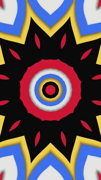 Bold retro colorful concentric target star kaleidoscope pattern loop graphic. Vertical video background
