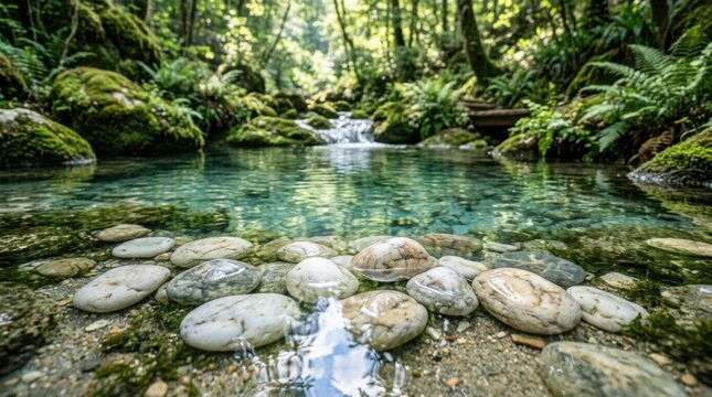 Crystal Clear Forest Stream with Smooth River Rocks and Lush Greenery.