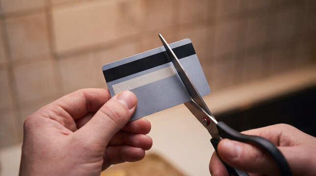 Scissors about to cut a payment card as a symbol of taking control of personal finances. A visual concept of debt reduction, financial discipline and secure account management.