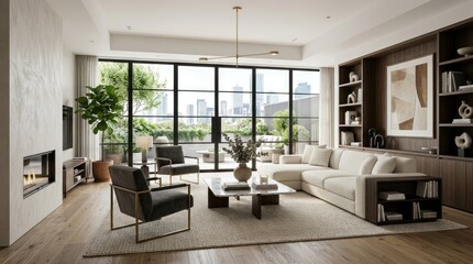 Fototapeta premium A stylish living room showcases a modern interior design with a large floor-to-ceiling window offering a panoramic view of a city skyline.