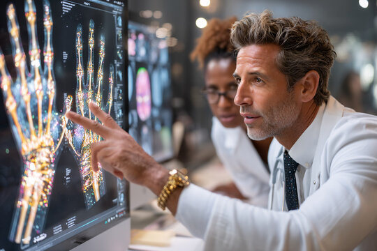 Medical specialists reviewing advanced digital imaging of a human hand for diagnosis treatment planning and modern healthcare collaboration