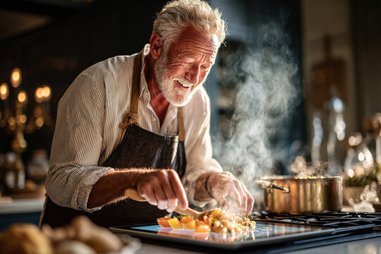 Smiling senior man preparing a healthy homemade meal in a modern kitchen representing active aging independence and joyful home cooking