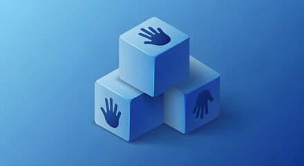 Naklejka premium Three Dimensional Blue Blocks With Hand Imprint Icons Representing Teamwork and Collaborative Efforts in Digital Creative Projects