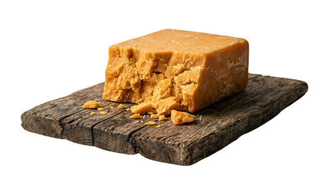 Aged cheddar cheese block on rustic wooden cutting board