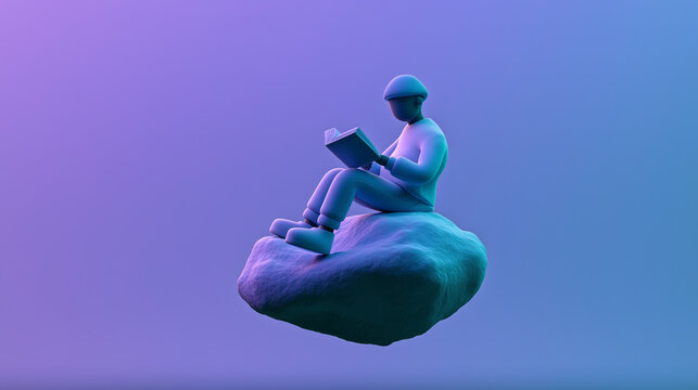 Minimalist 3D blue character reading a book sitting on floating rock in purple gradient space 