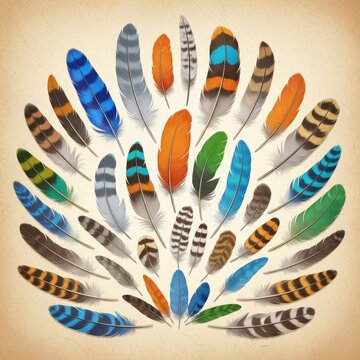 Colorful Bird Feathers in Various Shapes and Patterns on Background