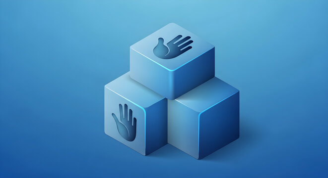 Abstract Isometric Cubes Stacked with Palm Hand Symbols for Digital Interface Navigation and User Experience Conceptual Design
