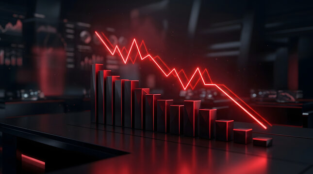 Glowing red stock market graph in a bearish downward trend on a dark futuristic financial interface, symbolizing risk, decline and volatility. AI Generated.