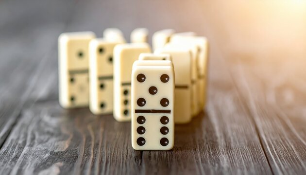Dominos in a Row on a Wooden Table with Soft Morning Light