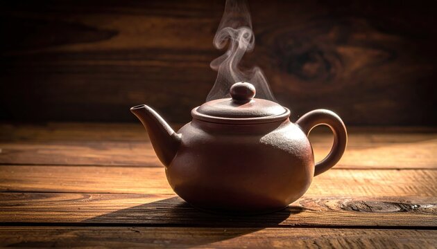 Elegant teapot with steam against rustic wooden background