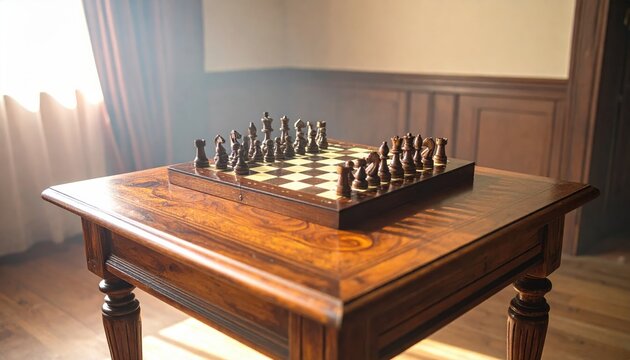 Elegant Wooden Chessboard in Vintage Room with Natural Light