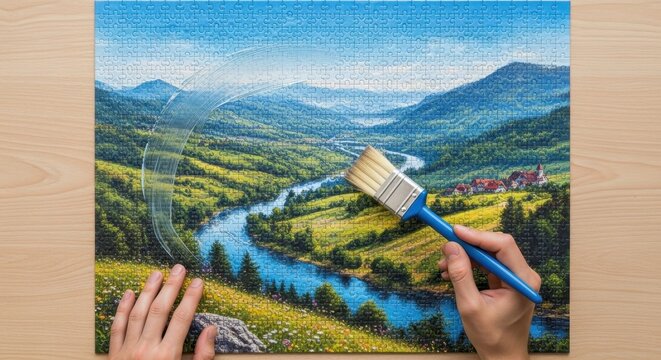 Hand Putting Final Touch on Landscape Puzzle on Wooden Table