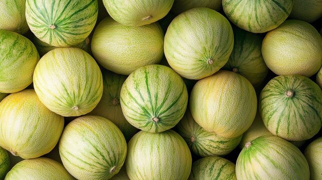 Full Frame Background Of Fresh Whole Honeydew Melons With Light Green Subtle Striped Smooth Rinds