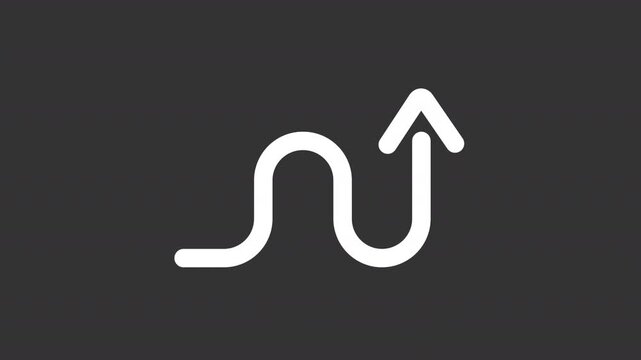 Animated curved arrow pointing upward white line icon. Dynamic workflow changes animation. Nonlinear forward path trajectory. Isolated element on dark background. Alpha transparent video