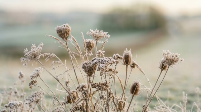 Frost covered dried flowers in a soft focus winter landscape.