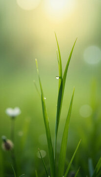 Close-up of dew-covered grass blades of sedge grass in sunny green meadow  