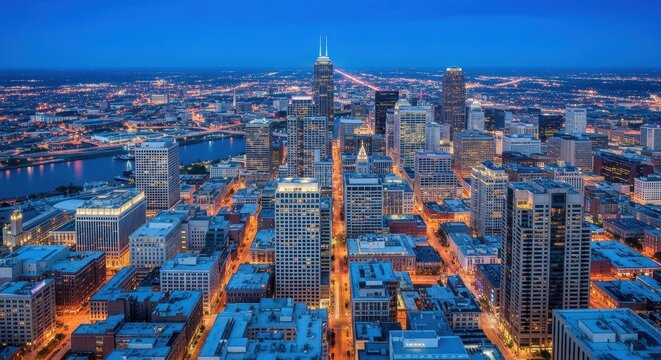 Panoramic Night View of Urban Skyline with City Lights and River
