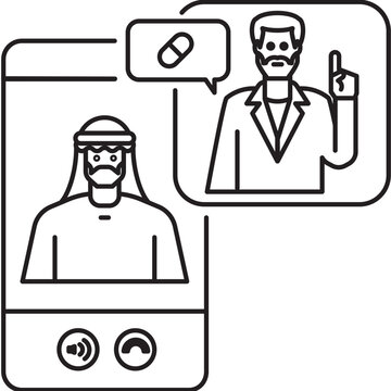 Line Icon-A male doctor provides advice on medication to an Arab patient via smart phone