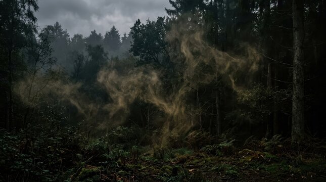 Mysterious Fog Swirling Through Dark Forest Landscape Atmosphere