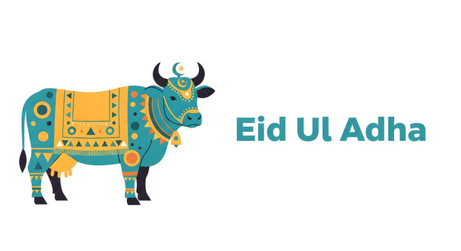 Decorated bull illustration with Eid Ul Adha text on a white background