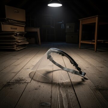 Safety Shield in Dimly Lit Attic with Dusty Wooden Floor