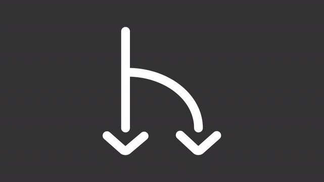 Animated path splitting white line icon. Navigation symbol animation. Downward pointing arrowheads. Isolated element on dark background. Alpha transparent video