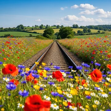 Scenic Railway Tracks Surrounded by Colorful Wildflower Fields