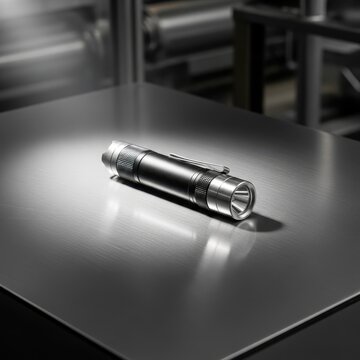 Sleek Metal Flashlight on Stainless Steel Surface in Dim Lighting