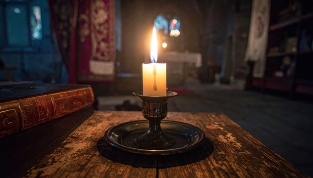 Soft Flame of Candle Lighting Up Ancient Stone Room Atmosphere
