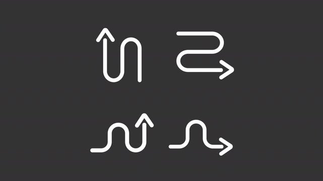 Animated curved arrow white line icons. Four distinct directional paths animation set. Abstract directional flow symbols. Isolated elements on dark background. Alpha channel HD video