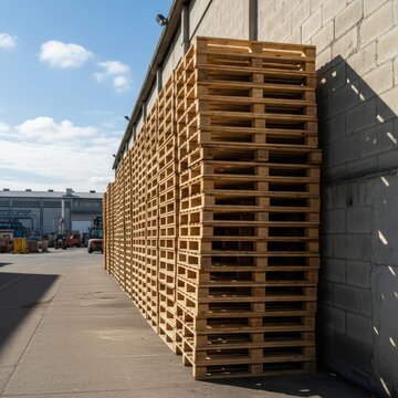 Stacked Wooden Pallets Against Industrial Wall in Bright Daylight
