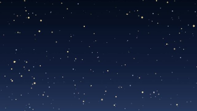 Dark blue gradient night sky background with falling magical gold stars. This dreamy seamless storybook motion graphic loop is perfect for lullaby and fantasy designs.