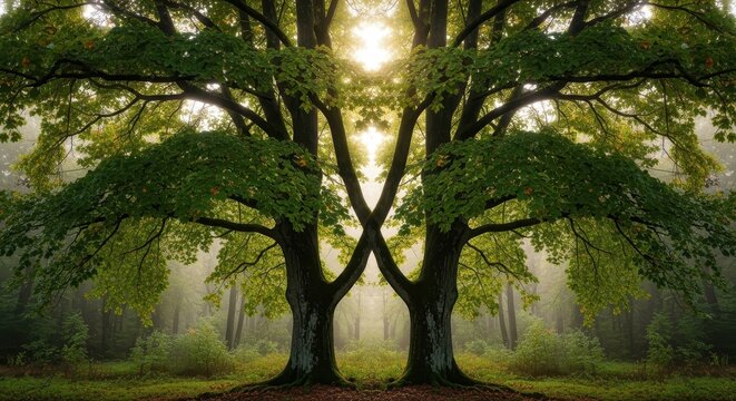 Twin Trees in Misty Forest with Green Leaves and Sunlight Beams