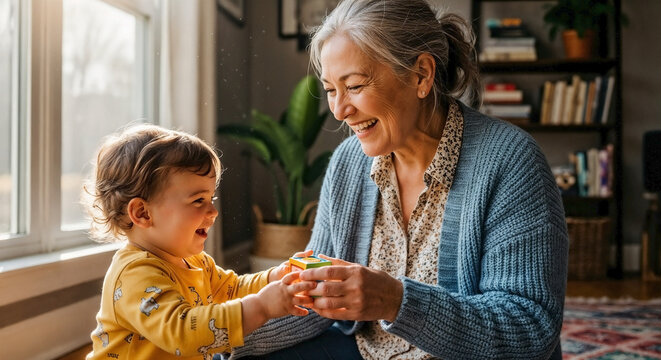 Smiling grandma playing with toddler, enjoying cheerful indoor interaction. Loving grandmother and happy infant share special moments, grandma playing with toddler strengthens family bonds.