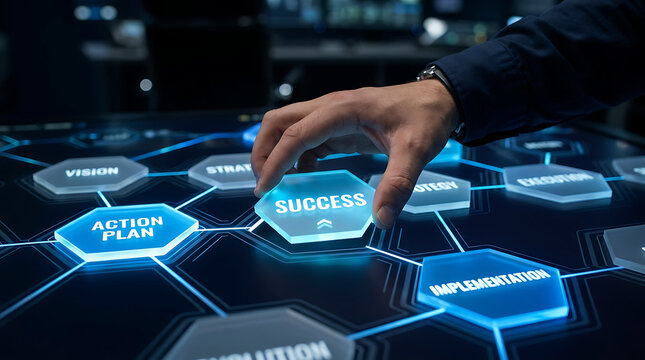 Businessman interacting with a digital interface to achieve business success
