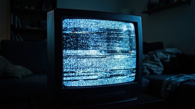Vintage Television with Static Noise in Dimly Lit Living Room