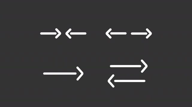Animated minimalist arrow white line icons. Outward pointing opposite arrows animation set. Inward directional signs. Isolated elements on dark background. Alpha channel HD video