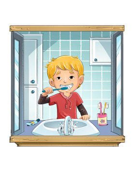 Scene of a child brushing his teeth in the bathroom seen from the window, children's illustration
