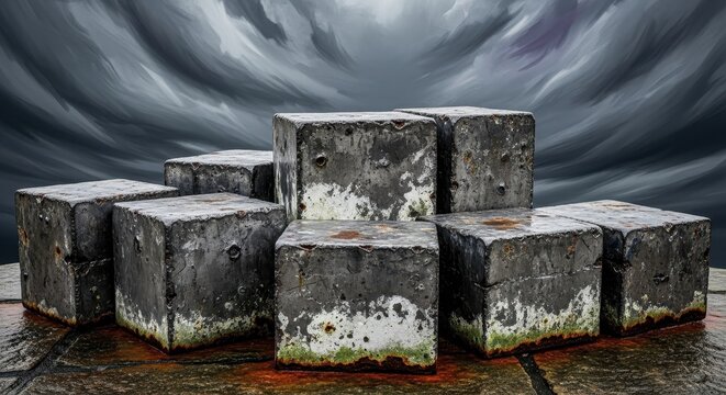 Weathered Concrete Blocks on a Dramatic Stormy Background