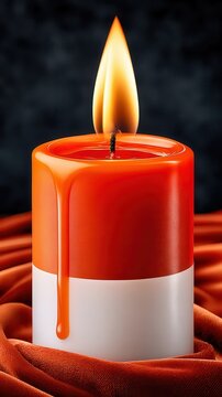 Extreme close-up of single taper candle flame with orange wax drip on dark background
