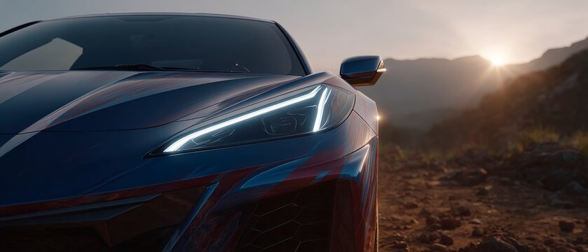 Modern sports car with LED headlights at sunset in a desert landscape