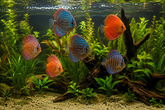 Colorful Discus Fish Community Aquarium with Lush Aquatic Plants Premium Aquascape