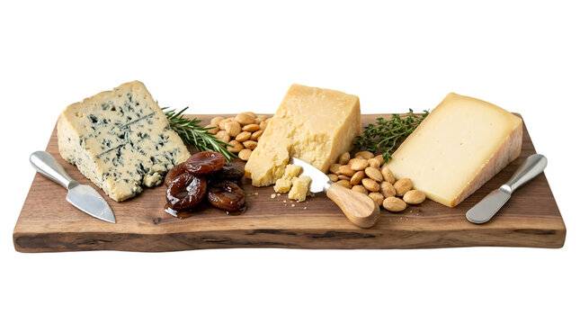 Cheese board with assorted cheese, dried apricots, and almonds isolated