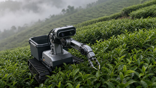 Robotic harvester working in tea plantation collecting leaves with precision and efficiency. Robotic technology dramatically improves tea harvesting,