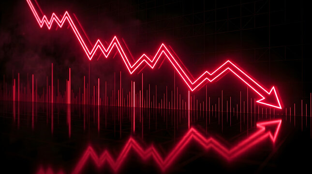 Futuristic red stock market graph falling across a dark glossy trading surface, symbolizing bearish trend, financial risk and volatility. AI Generated.
