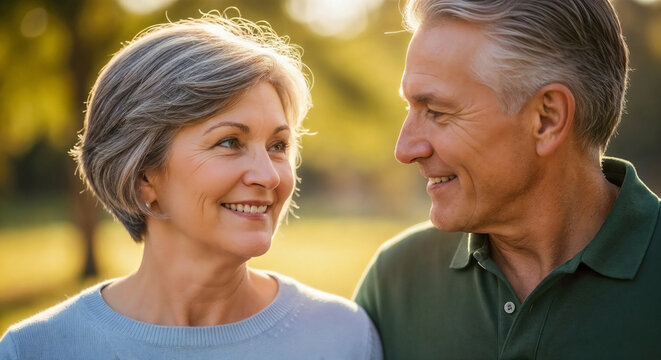 Senior couple smiling at each other during a peaceful walk in sunlit park, radiating warmth and enduring affection. Senior couple smiling together.
