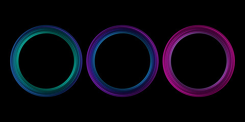 A glowing gradient neon rings from cyan to magenta colors on black backdrop illuminated frame collection design. Abstract cosmic vibrant color circle backdrop. © Baurzhan I