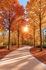 Obraz premium Autumn forest path lined with red and gold foliage under bright sun